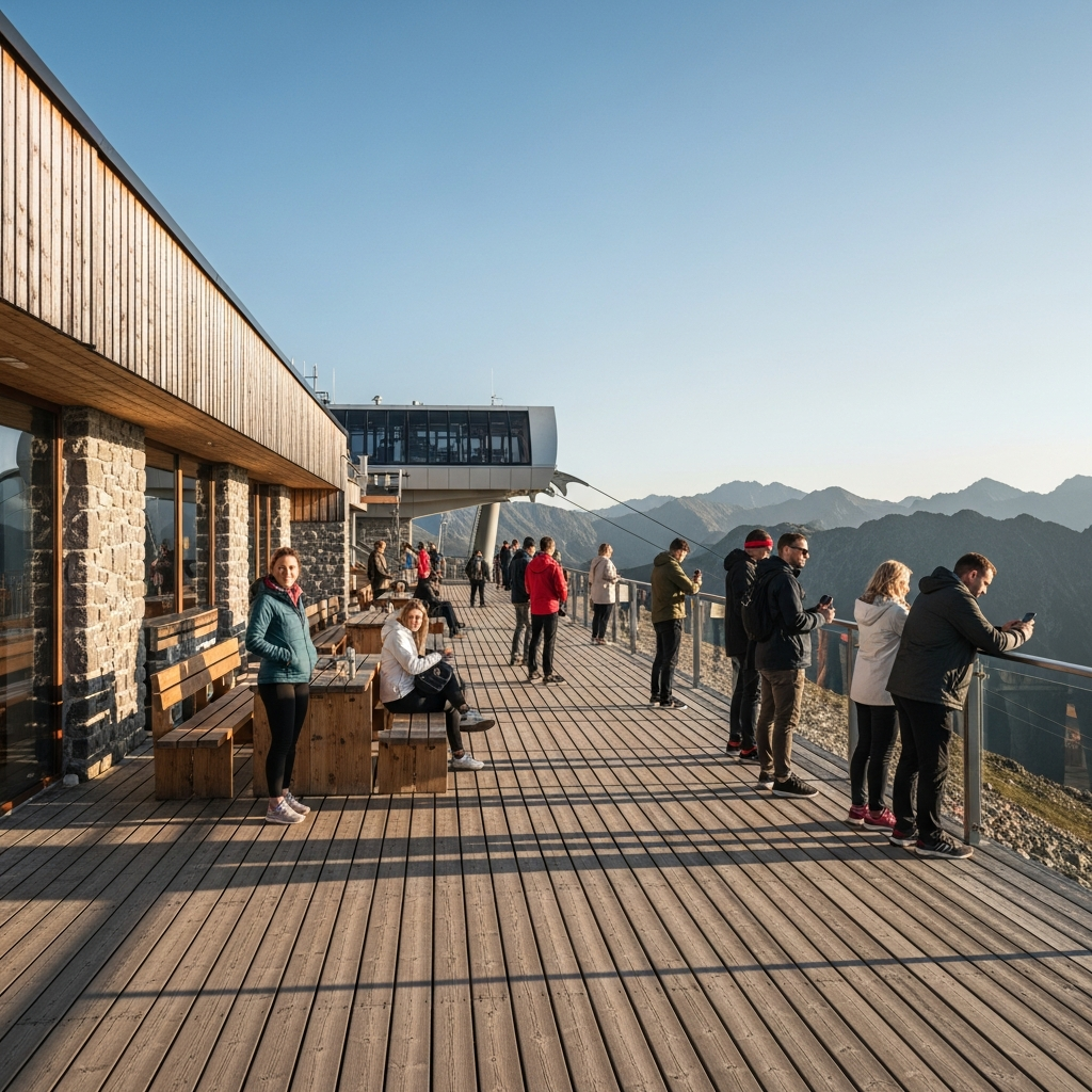 Panoramatický výhľad z vrcholu Chopku, moderná stanica lanovky v pozadí, štýlovo a luxusne oblečení turisti obdivujúci majestátne výhľady na Nízke Tatry z drevenej terasy, slnečné počasie, špičkový horský životný štýl.